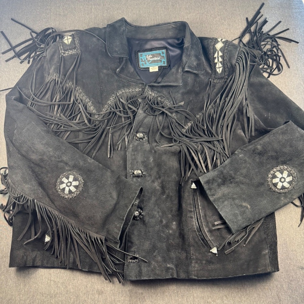 Echo Mountain Mens Black Suede Leather Fringe Beaded Jacket Western Size 48